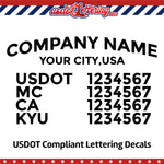 arched company name with usdot mc ca kyu lettering