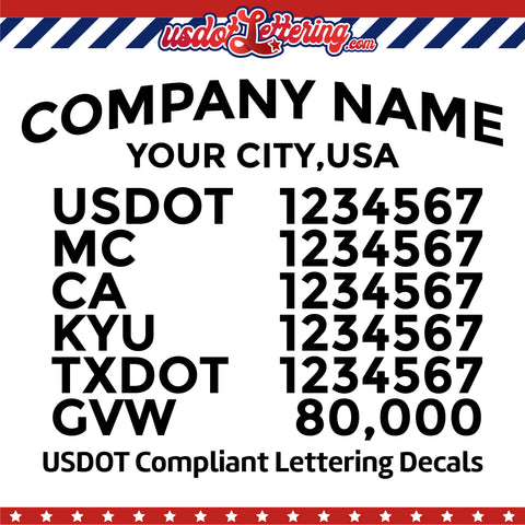 arched company name with location, usdot mc ca kyu txdot gvw lettering decal