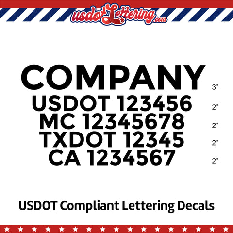 trucking company name with usdot mc txdot ca lettering decal