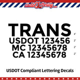 transport company name decal with usdot mc ca lettering