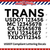 transport company name with usdot mc ca kyu txdot lettering decal