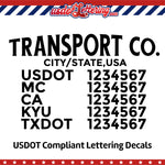 transport company name with usdot mc ca kyu txdot lettering decal