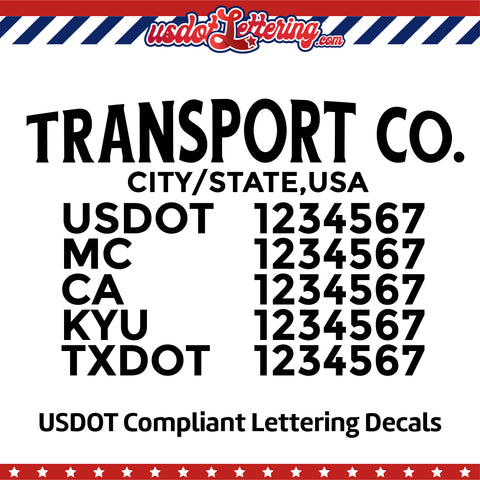 transport company name with usdot mc ca kyu txdot lettering decal