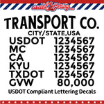 transport company name with usdot mc ca kyu txdot gvw lettering decal