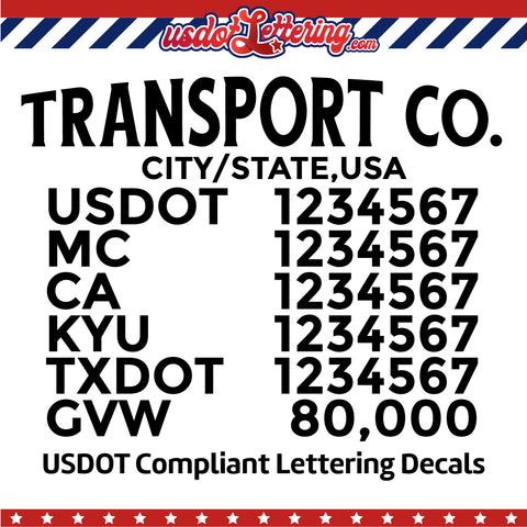 transport company name with usdot mc ca kyu txdot gvw lettering decal