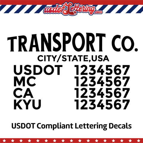 transport company with location usdot mc ca kyu lettering decal