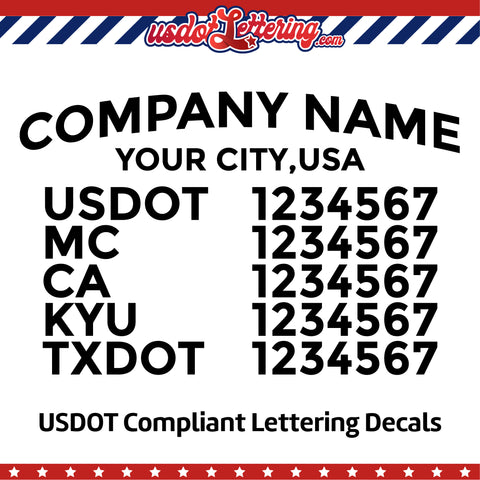 arched company name decal with usdot mc ca kyu txdot lettering