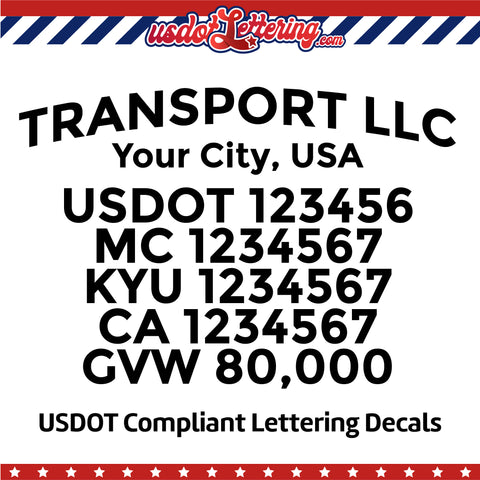 arched transport company name with location, usdot mc kyu ca gvw decal