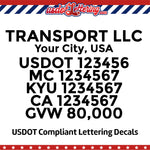 transport company name with usdot mc kyu ca gvw decal lettering