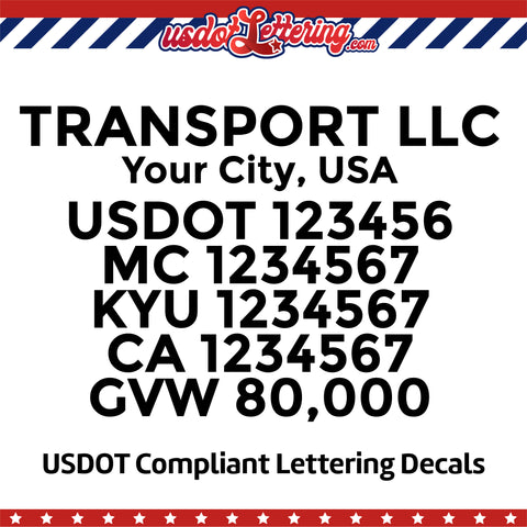 transport company name with usdot mc kyu ca gvw decal lettering
