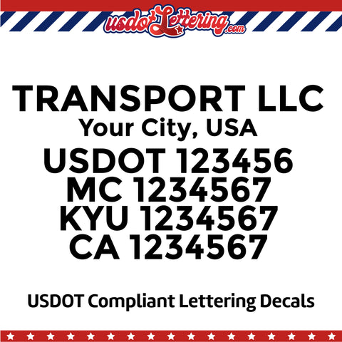 transport name with usdot mc kyu ca lettering decal