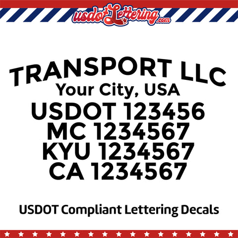 arched transport name with city, usdot mc kyu ca lettering decal