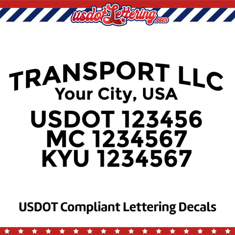 arched transport name with usdot mc kyu lettering decal