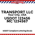 transport company with city usdot mc lettering decal