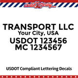 transport company with city usdot mc lettering decal