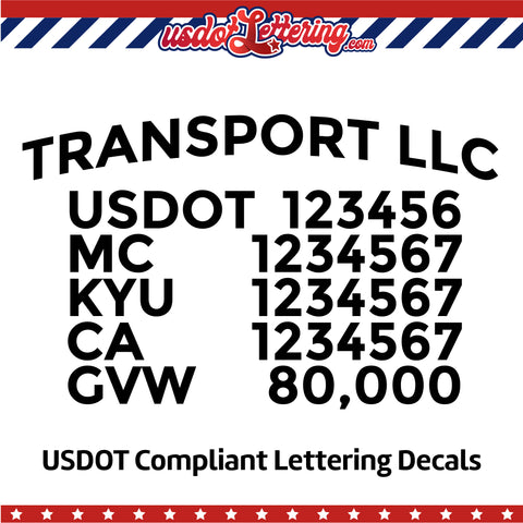 arched transport company name with usdot mc kyu ca gvw lettering decal