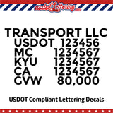 transport company name with usdot mc kyu ca gvw decal