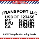 arched transport name usdot mc kyu ca lettering decal