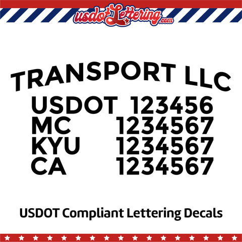 arched transport name usdot mc kyu ca lettering decal