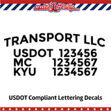 arched transport name with usdot mc kyu lettering