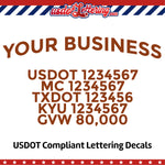 arched business name with usdot mc txdot kyu gvw decal