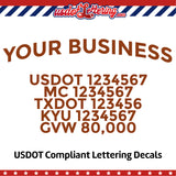 arched business name with usdot mc txdot kyu gvw decal