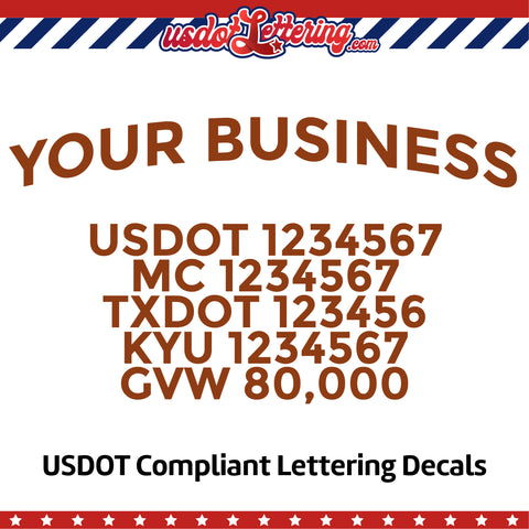 arched business name with usdot mc txdot kyu gvw decal