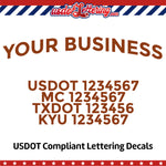 arched business name with usdot mc txdot kyu lettering decal