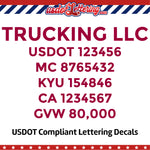 trucking business name with usdot mc kyu ca gvw lettering