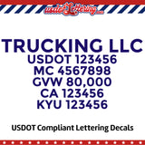 trucking transport name with usdot mc gvw ca kyu lettering decal