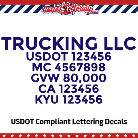 trucking transport name with usdot mc gvw ca kyu lettering decal