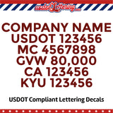 company name with usdot mc gvw ca kyu lettering decal