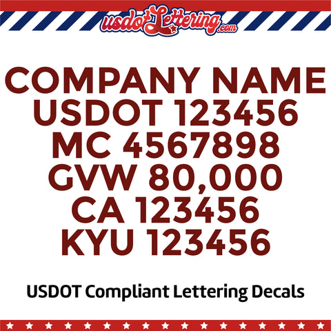 company name with usdot mc gvw ca kyu lettering decal