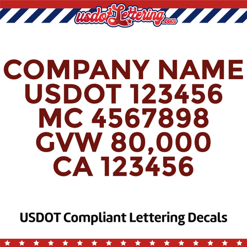 company name with usdot mc gvw ca lettering decal