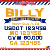 transport truck door decal with usdot mc gvw ca lettering