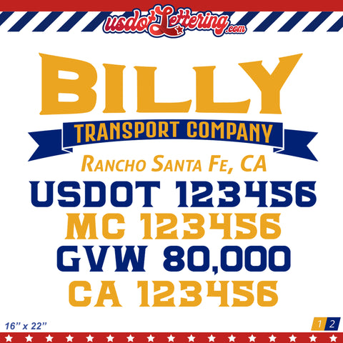 transport truck door decal with usdot mc gvw ca lettering